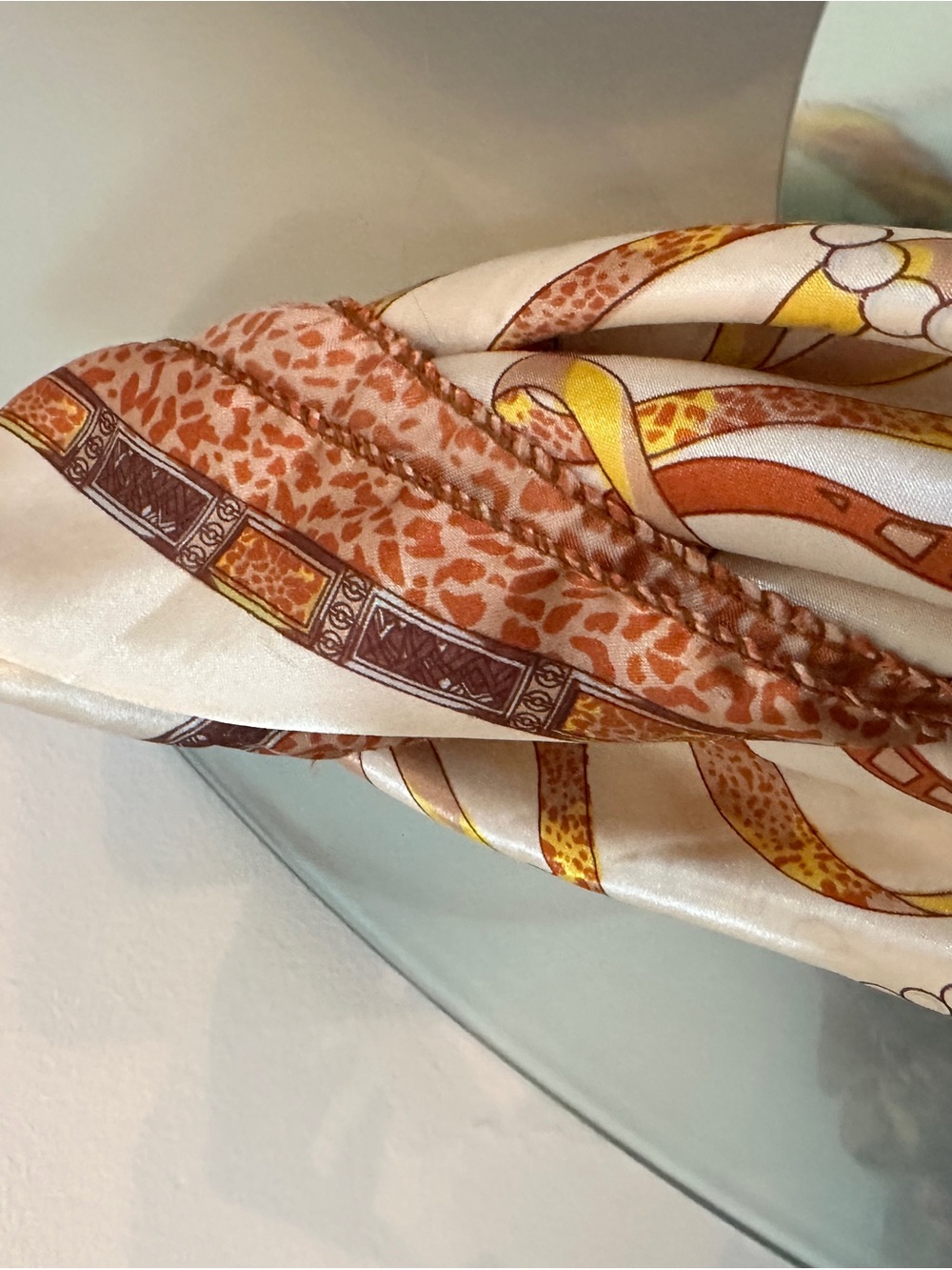 Vintage Silk-Look Cream and Brown Scarf